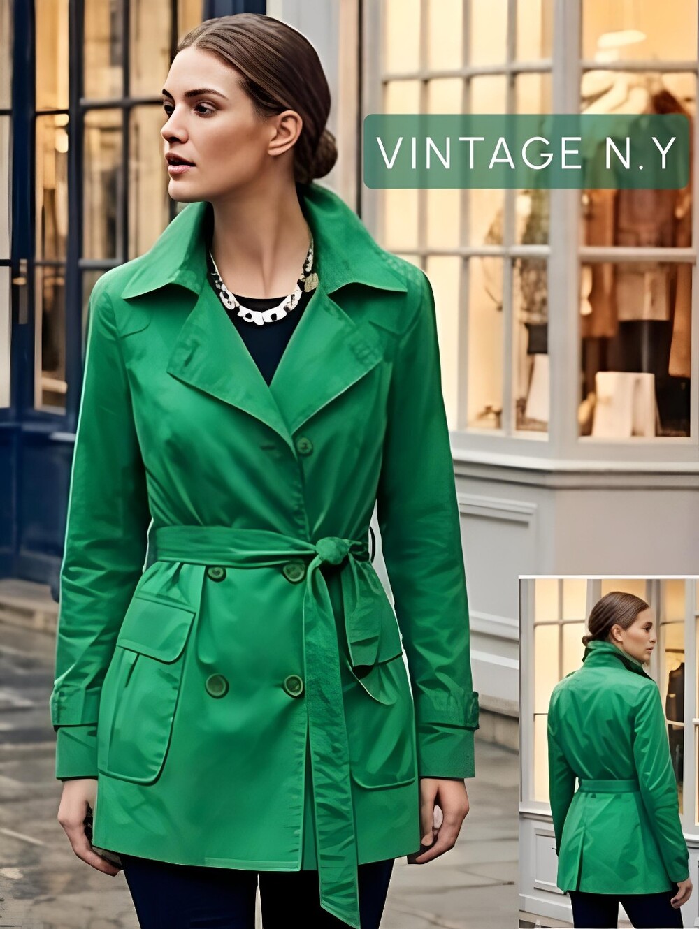90's-Y2K🌿'N.Y🌿Green Double-Breasted  Lapel Collar Belted Trench|Spring/Fall